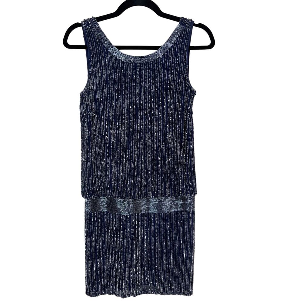 Cache 0 Sequin Silk Drop Waist Scoop Back Dress Navy Blue Cocktail Black Tie